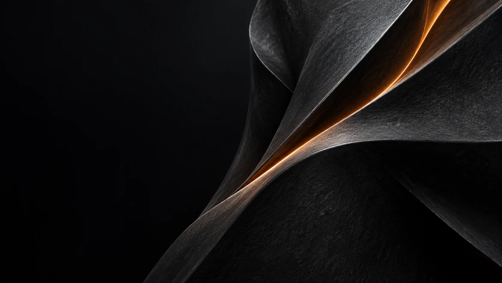 Abstract folded black surface with a fine orange seam of light